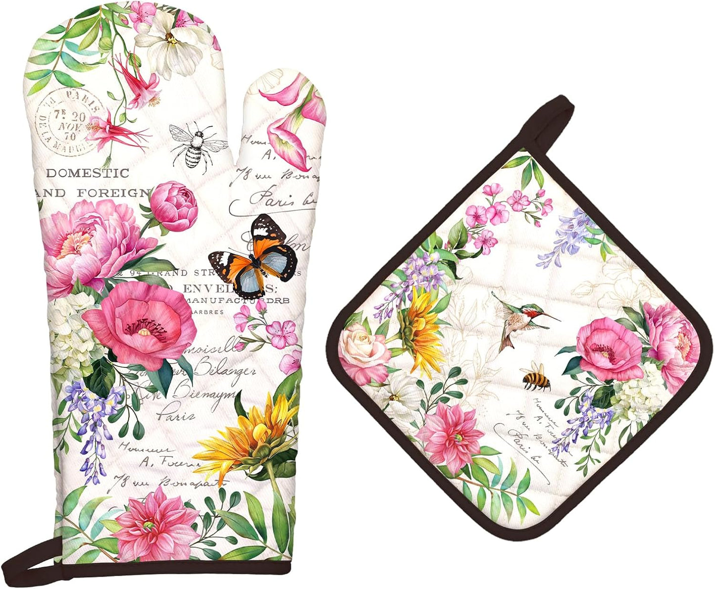 Vintage Flower Oven Mitts and Pot Holders Sets 2Pcs, 100% Cotton Heat Resistant, Extra Long Oven Gloves Potholder for Kitchen Cooking Baking Decoration