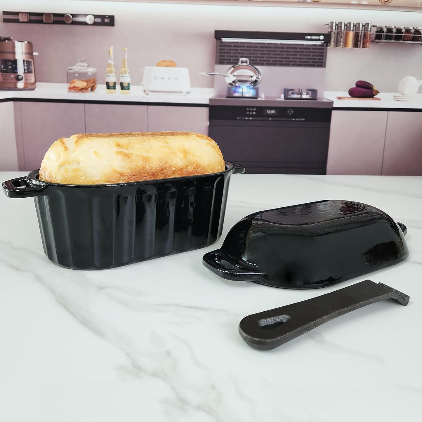 Dutch Oven Enameled Cast Iron Bread Pan with Lid Sourdough Loaf Pans for Baking Bread Large Heavy Oval Bread Dutch Oven with Movable Handle 4 Qt Black Dishwasher Safe