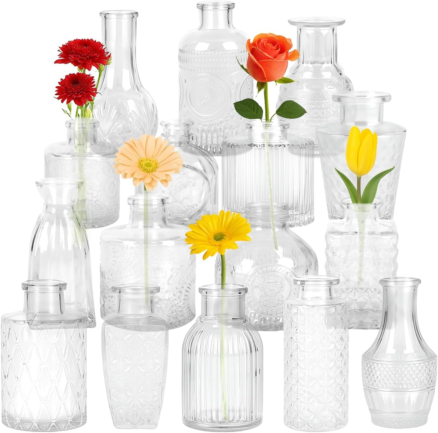 Glass Bud Vase Set of 16 Pcs, Small Clear Bud Vases for Flowers, Vintage Vases for Centerpiece Table Wedding Decorations Home Decor Glass Bottles for Birthday Party Anniversary