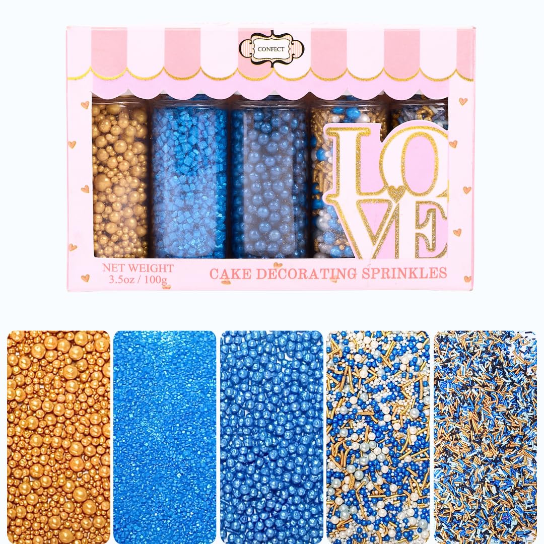 Confect Edible Sprinkles – Marine Royalty Theme – Assorted Pack with Navy Blue & Champagne Gold Dragees, Gold Jimmies & Bright Blue Sparkling Sugar – Sprinkles for Cake Decorating- Vegan, Gluten-Free, Nut-Free, Soy-Free, Dairy-Free, Palm Oil-Free-5 Oz