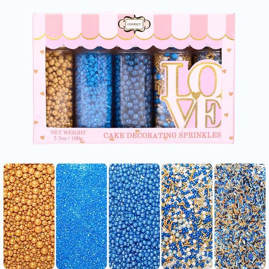 Confect Edible Sprinkles – Marine Royalty Theme – Assorted Pack with Navy Blue & Champagne Gold Dragees, Gold Jimmies & Bright Blue Sparkling Sugar – Sprinkles for Cake Decorating- Vegan, Gluten-Free, Nut-Free, Soy-Free, Dairy-Free, Palm Oil-Free-5 Oz