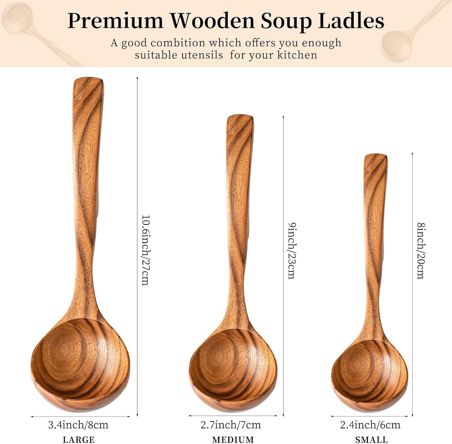 Gudamaye 3 Size Wooden Soup Ladles Set,3 Hooks for Bowl,Pot. Natural Teak Wooden Ladle,10.6 inch Big Soup Ladle, 9 inch Serving Spoon & 8 inch Wood Ladles for Cooking,Teak Deep Ladle Spoons