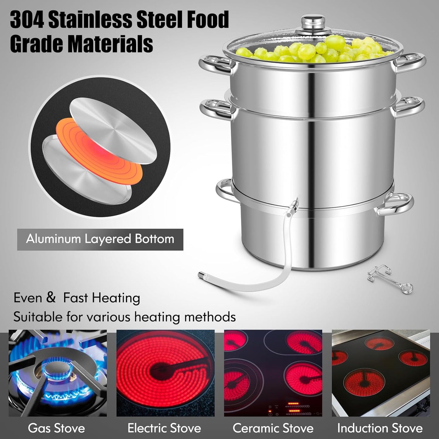 Giantex 11 Quart Juice Steamer Fruit Vegetables Juicer Steamers w/Tempered Glass Lid, Hose, Clamp, Loop Handles Stainless Steel Steam Juicer Multipots Kitchen Cookware for Making Juice, Jelly, Pasta