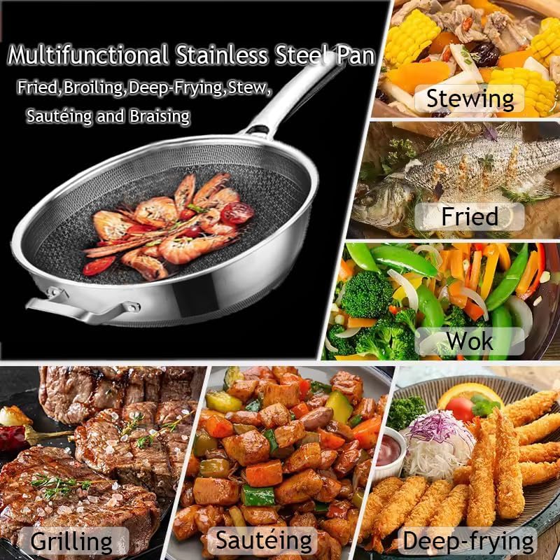 Wok,13 Inch Hybrid Woks & Stir-Fry Pans Nonstick, Large Stainless Steel Wok with Lid,Induction Non Stick Woks,PFOA Free Cookware,Dishwasher And Oven Safe