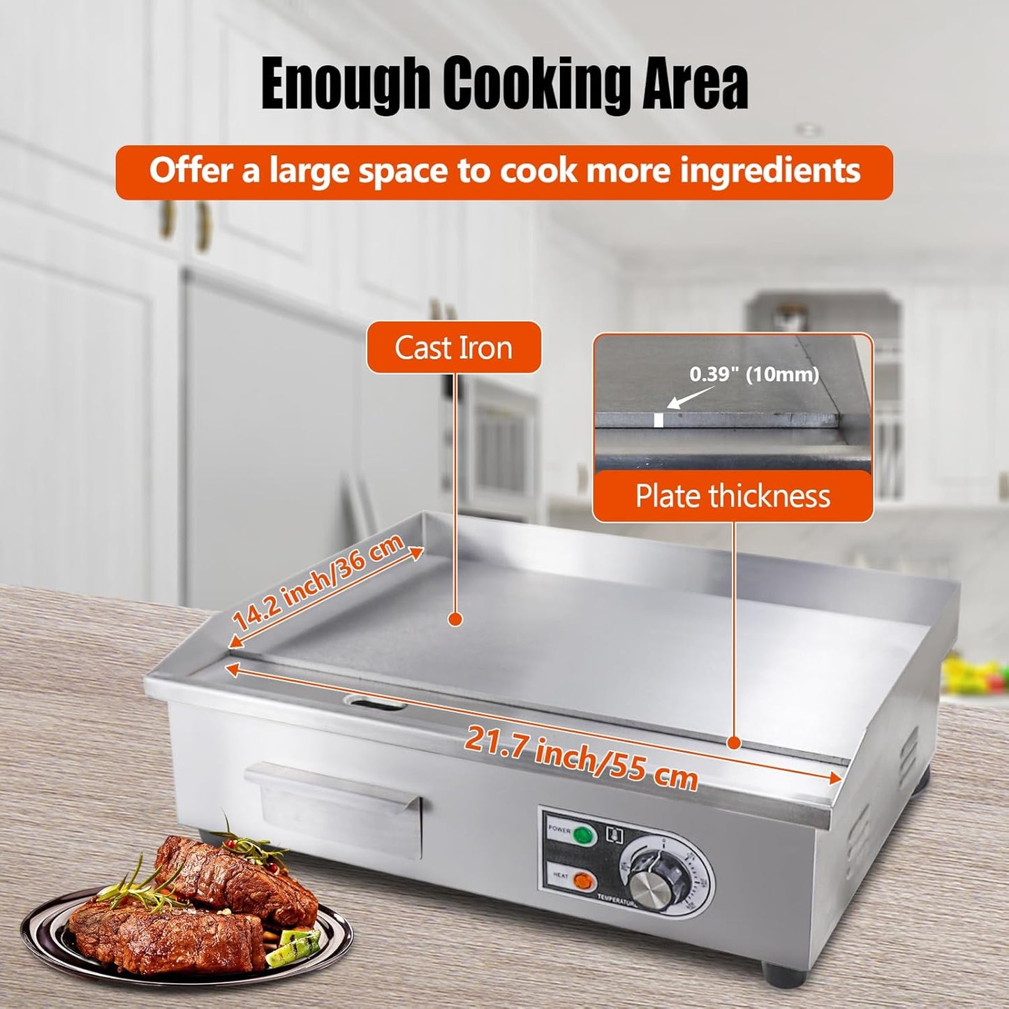 22" Commercial Electric Griddle,Electric Countertop Flat Top Griddle,110V 1600W Electric Flat Top Grill,Non-Stick Restaurant Teppanyaki Stainless Steel Grill,Adjustable Temperature Control