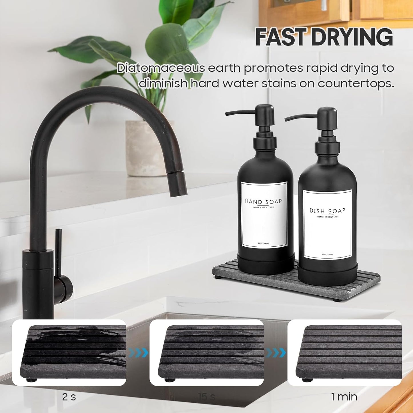 Kitchen Soap Dispenser Set with Instant Dry Tray & Sponge Holder,16 Oz Hand and Dish Soap Black Glass Dispenser Set,Stainless Steel Pump,Waterproof Labels,Luxury Soap Bottle for Bathroom