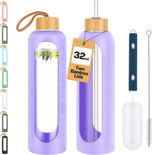 Glass Water Bottles 32 oz - Motivational Drinking Glass Water Bottle with Silicone Sleeve, Straw & 2 Bamboo Lids - 1 Liter Clear Borosilicate Daily Intake Tumbler with Time Marker - Violet