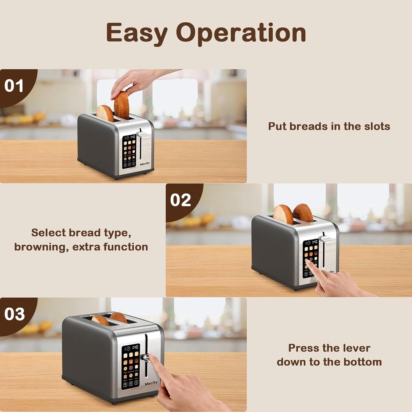 Mecity 2 Slice Touch Screen Toaster, 1.5" Wide Slot, Stainless Steel Smart Toaster for Bagels, Muffins, Waffles, Gluten-Free Breads, Defrost, Reheat, Timer, 120V 825W, Pearl Grey