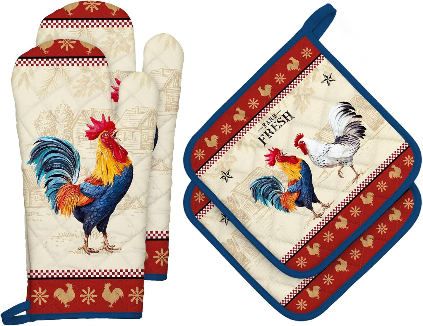 Rooster Oven Mitts and Pot Holders Sets 4Pcs, 100% Cotton Heat Resistant, Extra Long Oven Gloves Potholder for Kitchen Cooking Baking Housewarming