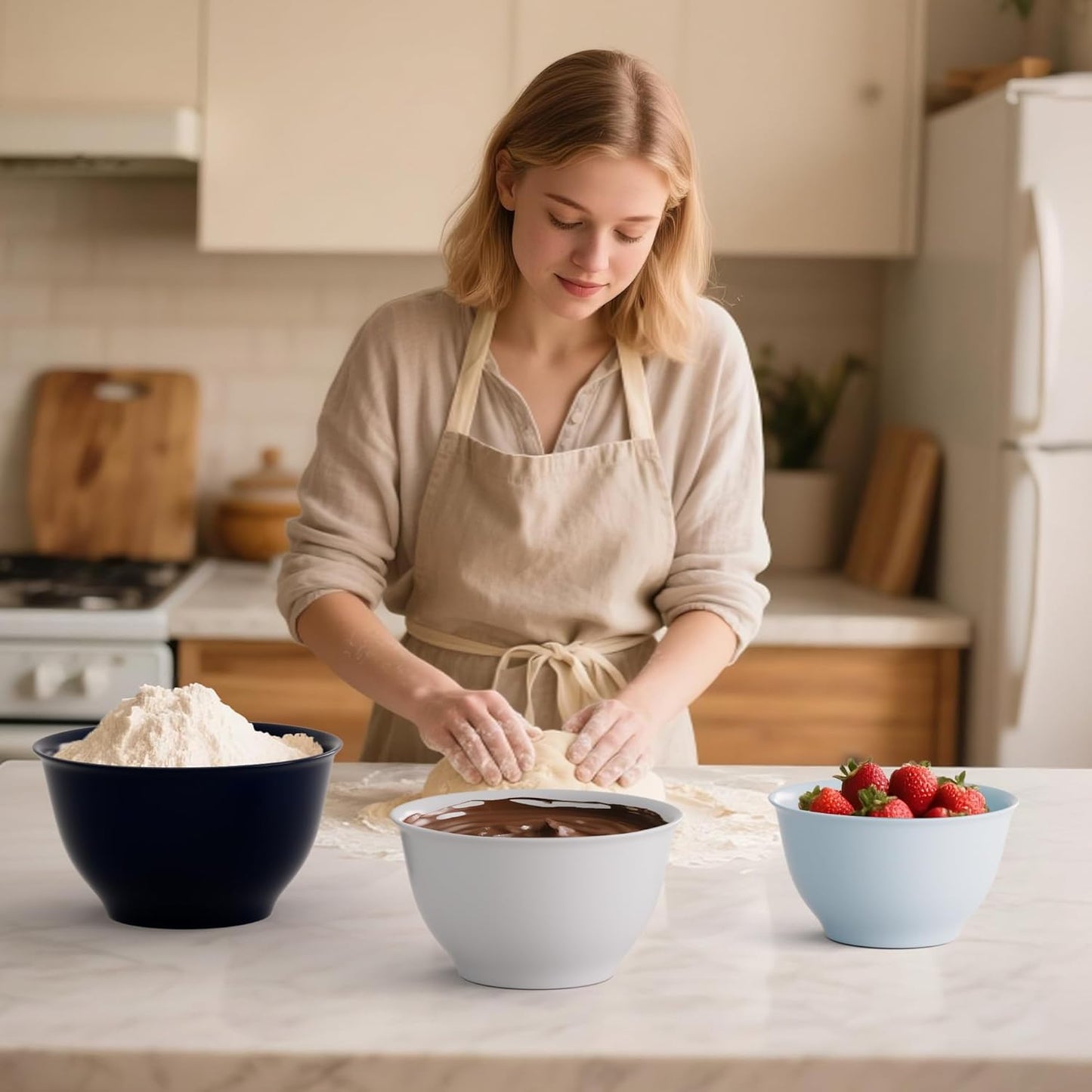 TP Large Mixing Bowl Set with Lids, Melamine Nesting Bowls Set for Pasta Baking Salad Mixing, Set of 3, Blue and White
