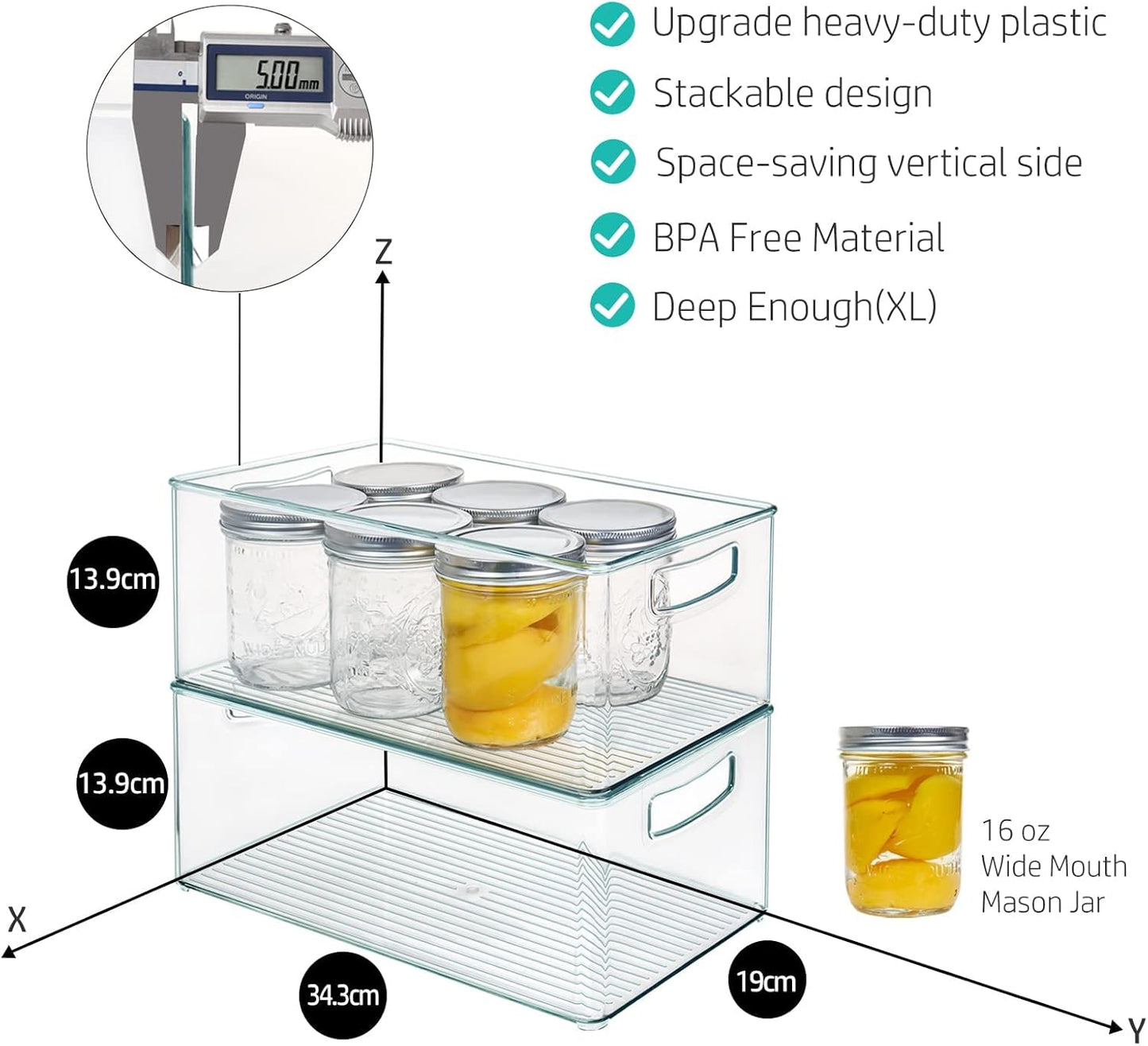 Hudgan 8 PACK Stackable Pantry Organizer Bins (3 sizes) - Clear Fridge Organizers for Kitchen, Freezer, Countertops, Cabinets - Plastic Food Storage Container with Handles for Home and Office