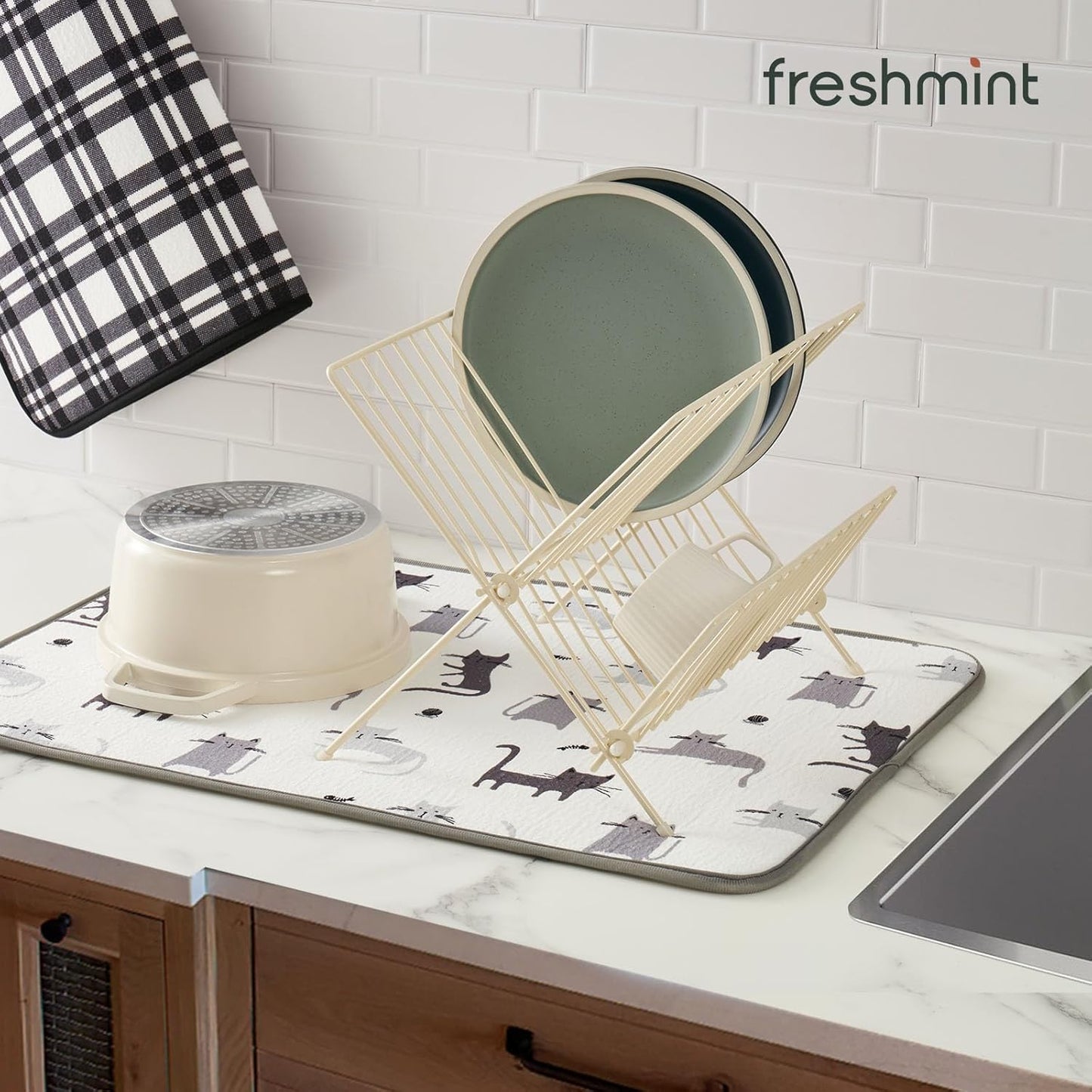 FRESHMINT Printed Dish Drying Mats for Kitchen Counter 2 Pack Absorbent Reversible Drying Mats Microfiber Kitchen Countertop Protector Dishes Drying Pad Extra Large 18"x24" Dish Mat