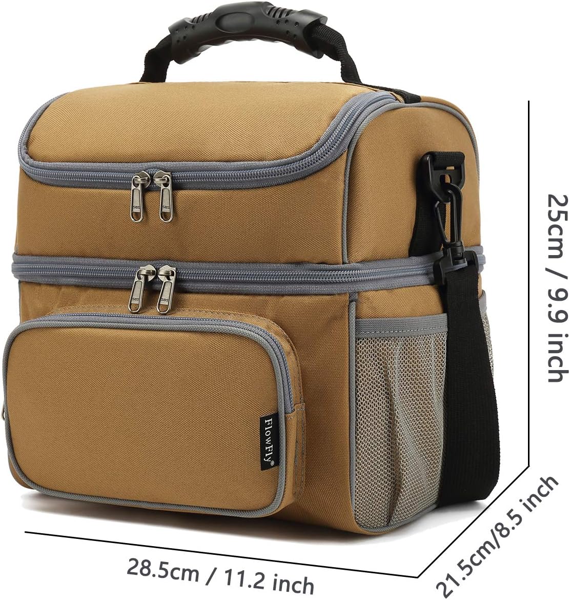FlowFly Double Layer Cooler Insulated Lunch Bag Adult Lunch Box Large Tote Bag for Men, Women, With Adjustable Strap,Front Pocket and Dual Large Mesh Side Pockets
