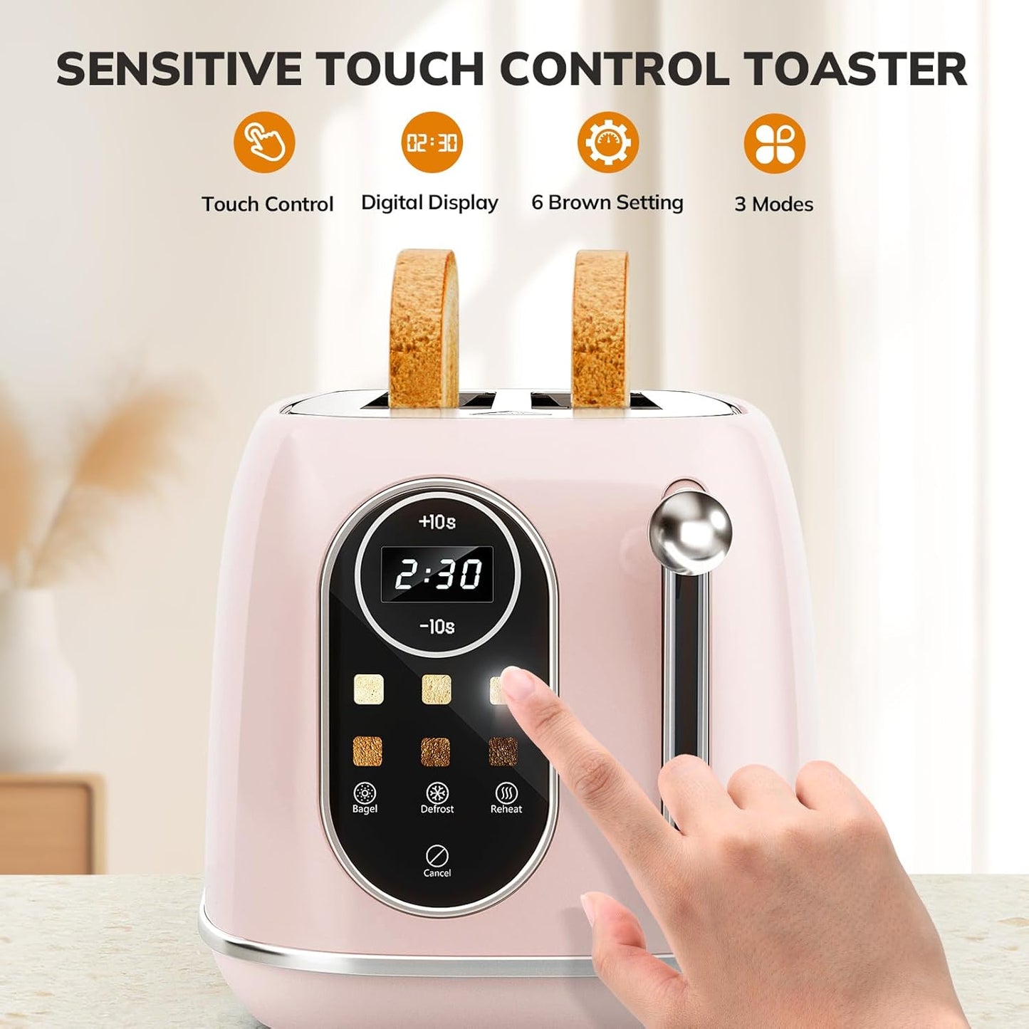 Keenstone Smart Touch Screen Toaster 2 Slice, Retro Wide Slot Stainless Steel Toaster with 6 Browning Levels, Reheat & Defrost, for Bagel, Toast, Bread, Removable Crumb Tray, Pink