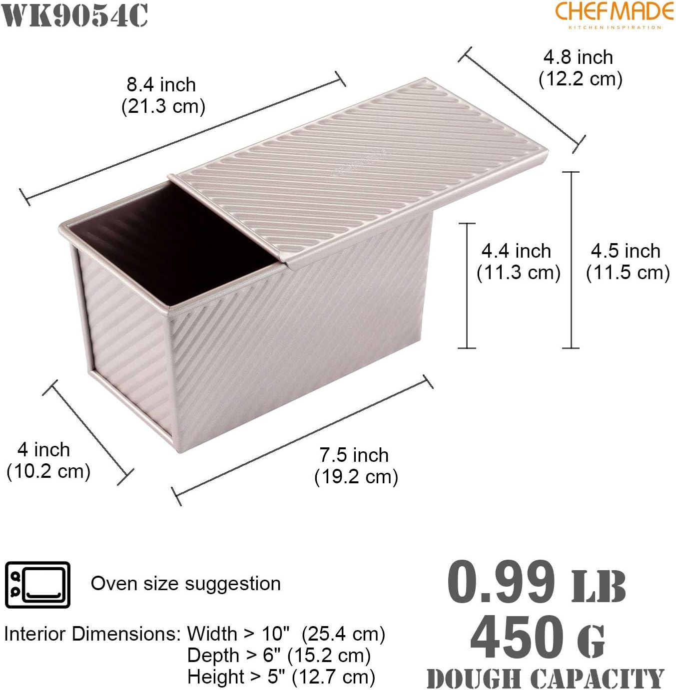 CHEFMADE Pullman Loaf Pan with Lid, 1Lb Dough Capacity Non-Stick Rectangle Corrugated Toast Box for Oven Baking 4.2" x 7.7"x 4.4"(Champagne Gold)