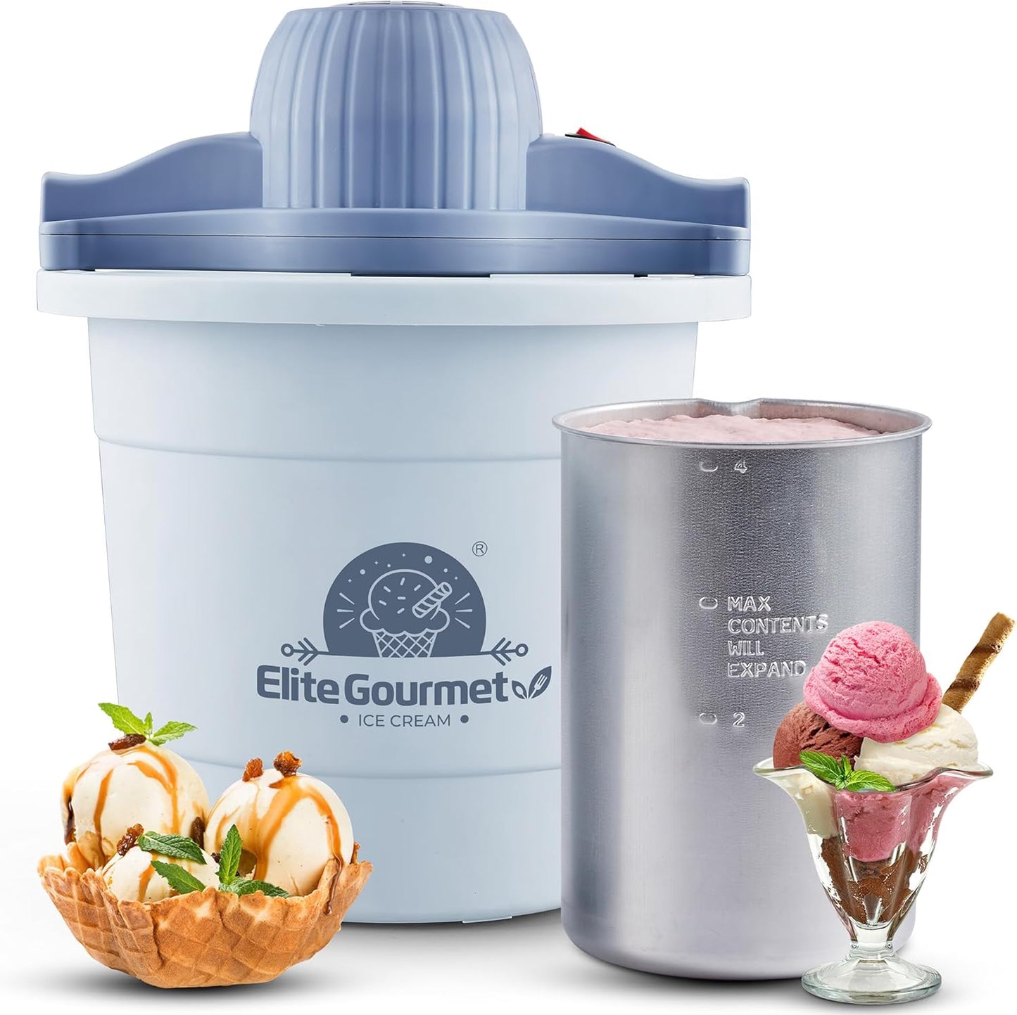 Elite Gourmet 4Qt Electric Ice Cream Maker EIM350X Delicious Homemade Ice Cream, Gelato, Sorbet, Frozen Yogurt, 4Qt Aluminum Freezing Cannister, Durable Plastic Ice Bucket, Powerful 50W, Periwinkle