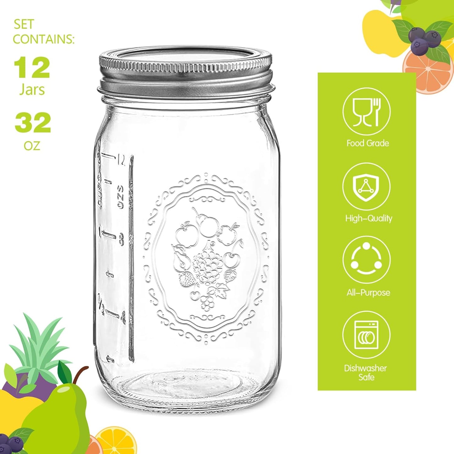 Mason Jars 32 oz Wide Mouth - 12 Pack Quart Glass Mason Jars with Airtight Lids and Bands for Canning, Pickling, Food Storage, Fermenting, Leak Proof, Reusable