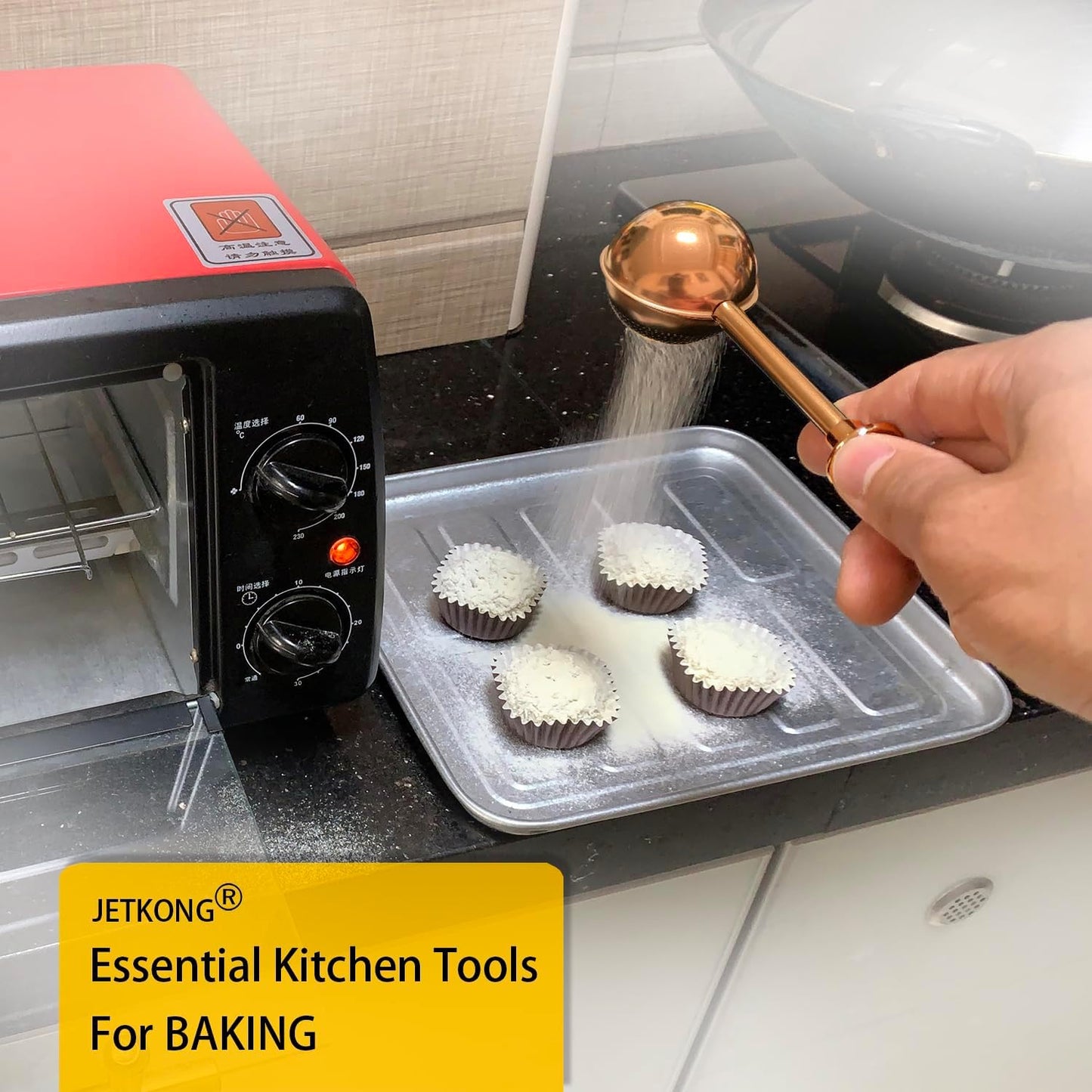 JETKONG Powdered Sugar Shaker Duster Flour Dispenser Shaker with 18/8 Stainless Steel Spring-operated Handle for Sugar Flour and Spices (Brown)