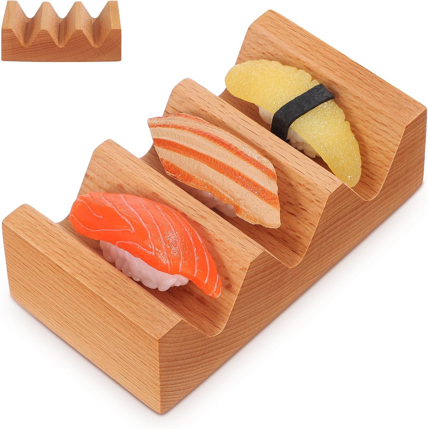 Kichvoe Sushi Holder Wooden Serving Stand: Taco Holder Sushi Rack with 3 Slots - V Shaped Japanese Cuisine Serving Tray for Kitchen Counter Or Dining Table, 5.11 * 2.87 * 1.69inch