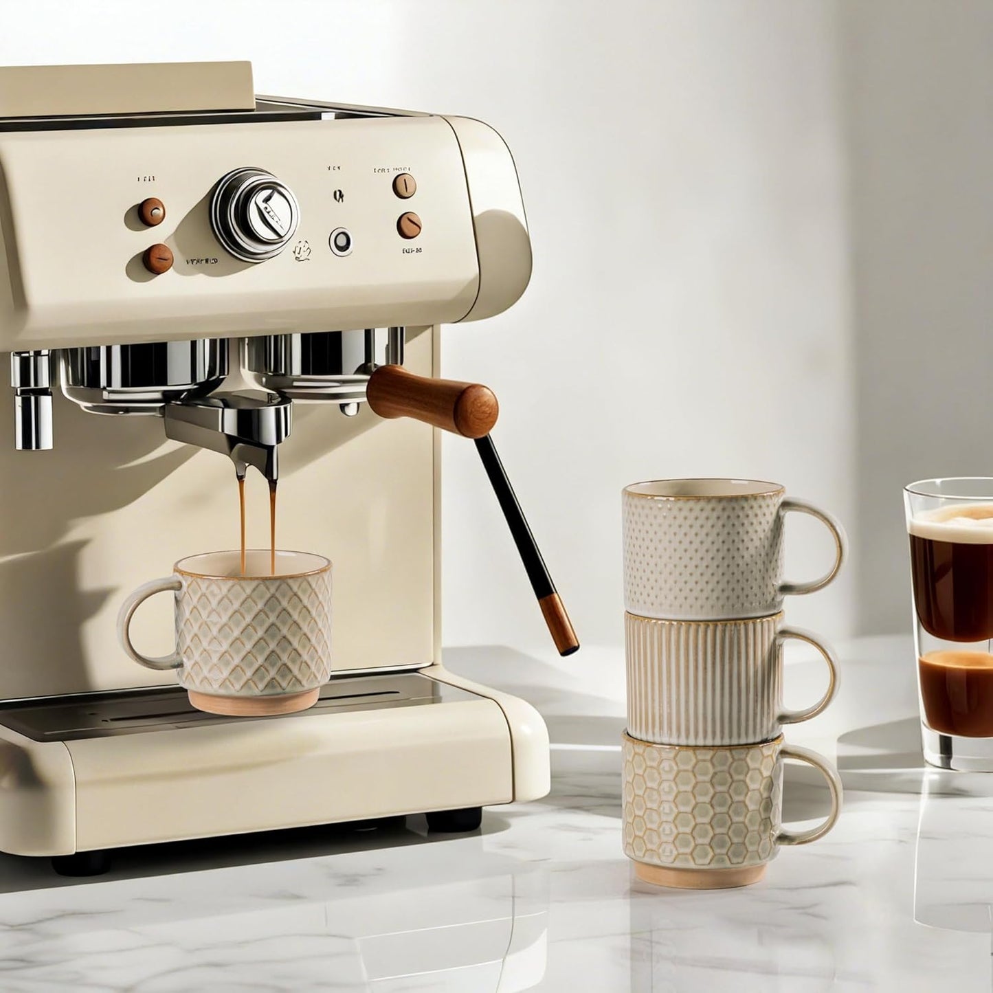 GBHOME 15OZ Stackable Coffee Mugs, Ceramic Coffee Mugs with Texture Patterns for Man,Woman,Dad,Mom, Modern Coffee Mugs Set of 4 for Latte/Cappuccino/Cocoa. Dishwasher&Microwave Safe, Pale Khaki