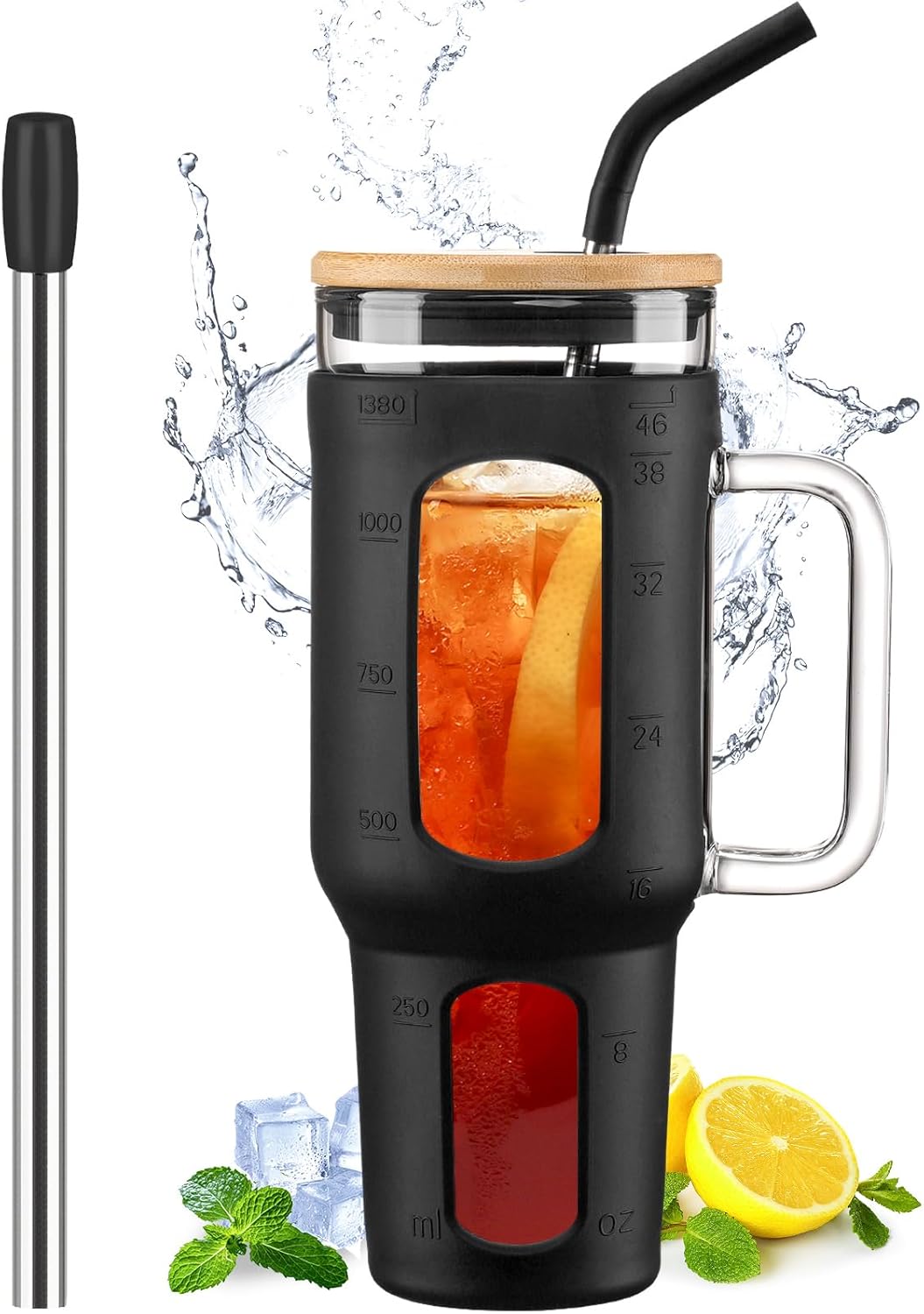 Glass Tumbler with Lid and Straw, 46 oz Iced Coffee Cup with Handle, Large Water Bottles with Silicone Sleeve, Glass Cup with Straws - Pearl Straw & Drinking Straw BPA Free-Black