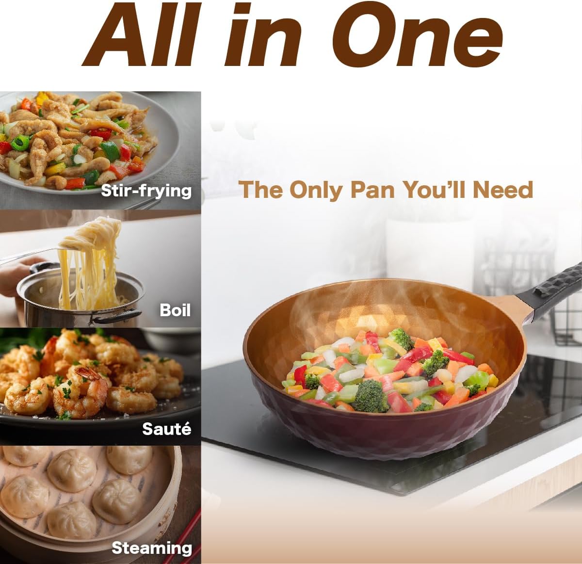 Diamond X Premium Non Stick Wok Pan with Lid - 11" Large Flat Bottom Chinese Wok - Woks & Stir-fry Pans Nonstick - Titanium-Coated 8-Layered Korean Engineered Skillet for Frying, Oil-Free, PFOA-Free