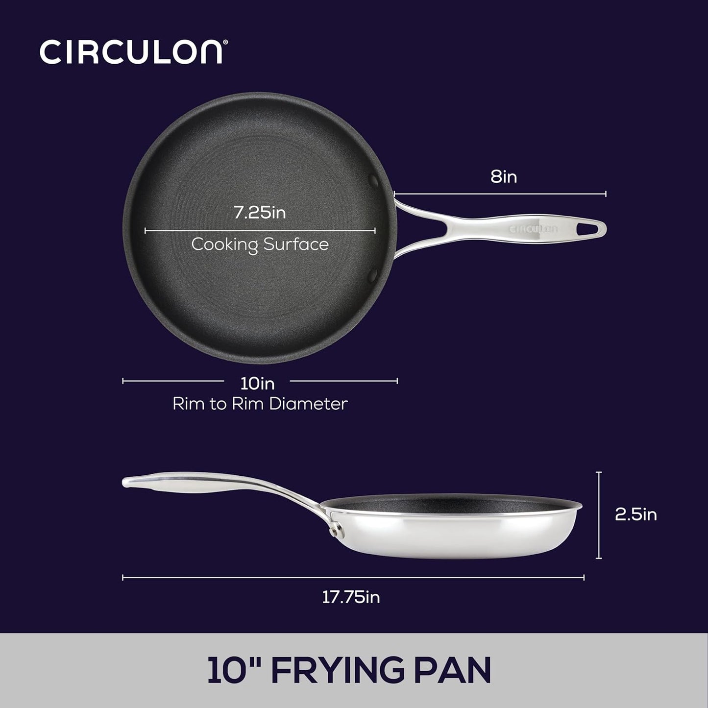 Circulon C1 Series Clad Stainless Steel with ScratchDefense Technology Cookware Nonstick Induction Frying Pan/Skillet, Metal Utensil Safe, 10 Inch Fry Pan - Polished Stainless Steel