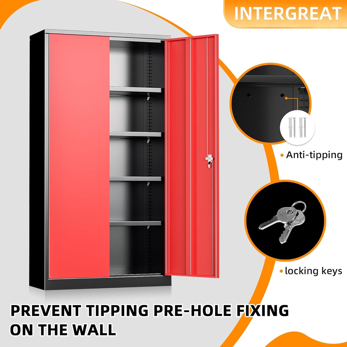 INTERGREAT Metal Storage Cabinets 72” Black Red Garage Steel Storage Cabinet with Doors and Shelves, Steel File Cabinet for Home Office, Basement, Warehouse, Classroom（Anti Tipping）