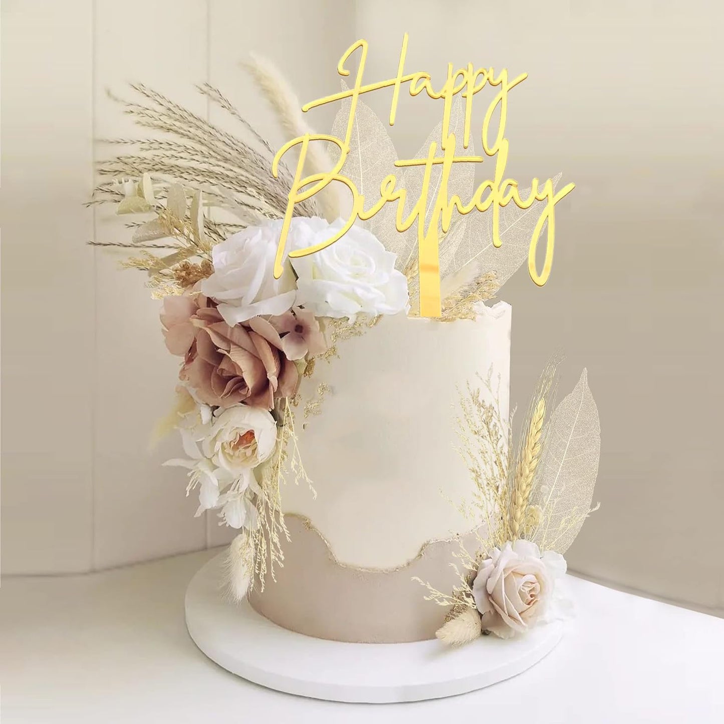 Happy Birthday Cake Topper, Gold Mirror Acrylic Happy Birthday Cake Sign Decorations