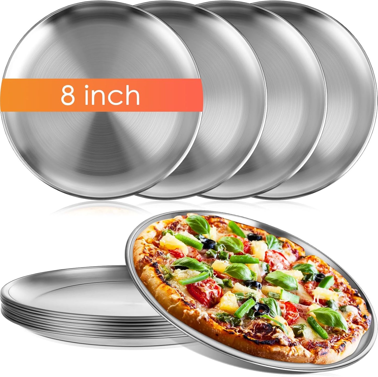 Thenshop 8 Pieces 8 Inch Pizza Pans Bulk Stainless Steel Sets Round Bakeware Pizza Trays for Oven Kitchen Baking Home Restaurant Picnics Holiday Activities Safe Sturdy Reusable Easy Clean(Silver)
