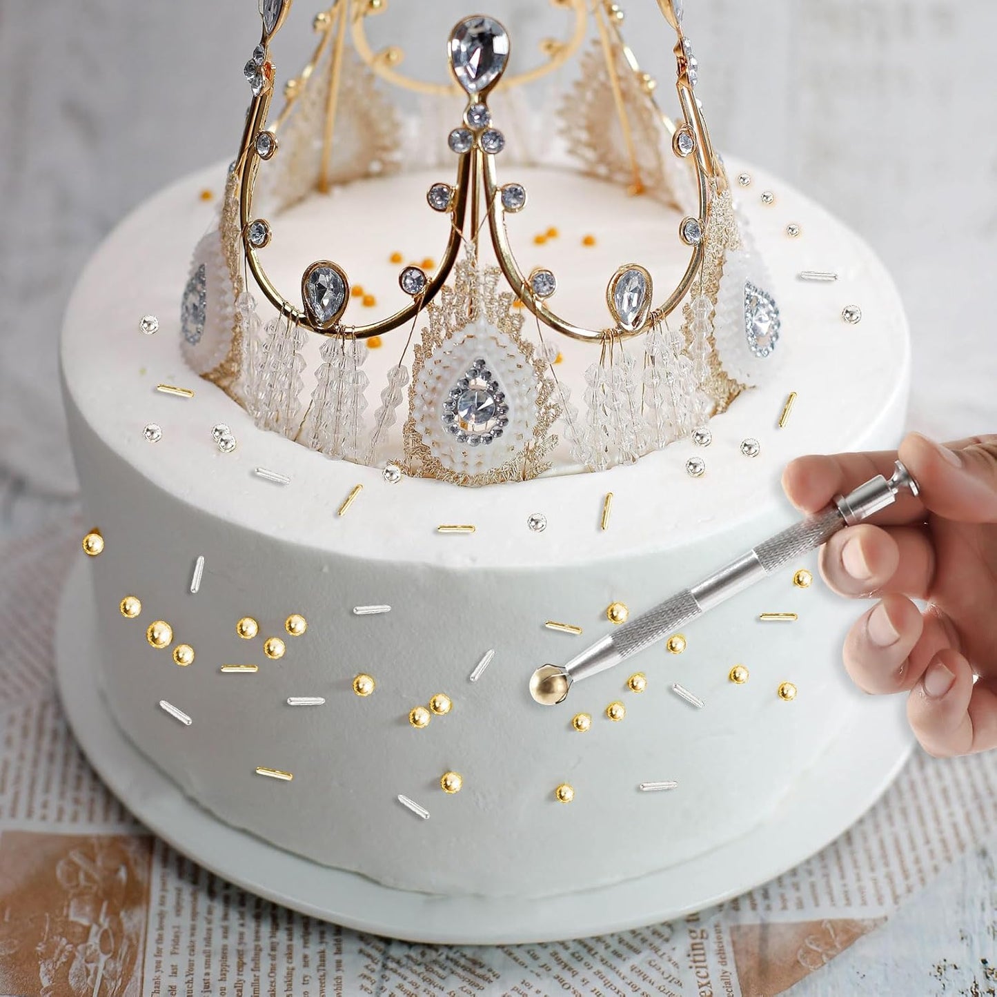 Kasvan Gold and Silver Sugar Sprinkles - Edible Candy Pearls with 4-Claw Sprinkle Pen,8.32Oz, Gift Box Pack, Baking Cake Decorations, Ice Cream Toppings and Cookie Decorating, Wedding Party Chirstmas Supplies