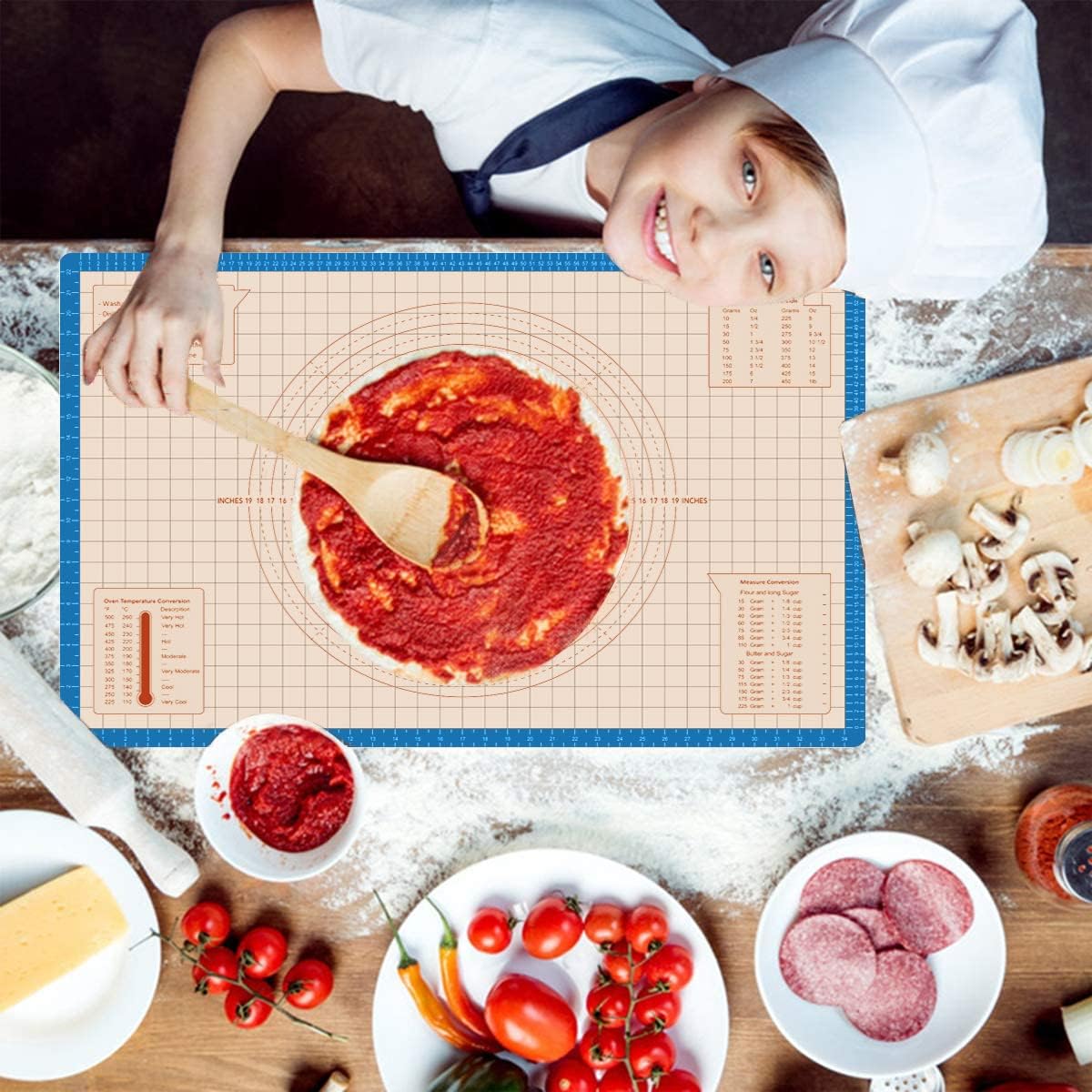 Silicone Pastry Mat 36 x 24 Inch - Larger Silicone Baking Pastry Mat for Rolling Dough,Non Slip Silicon Dough Sheet with Measurement,Perfect for Making Pie,Pizza,Blue