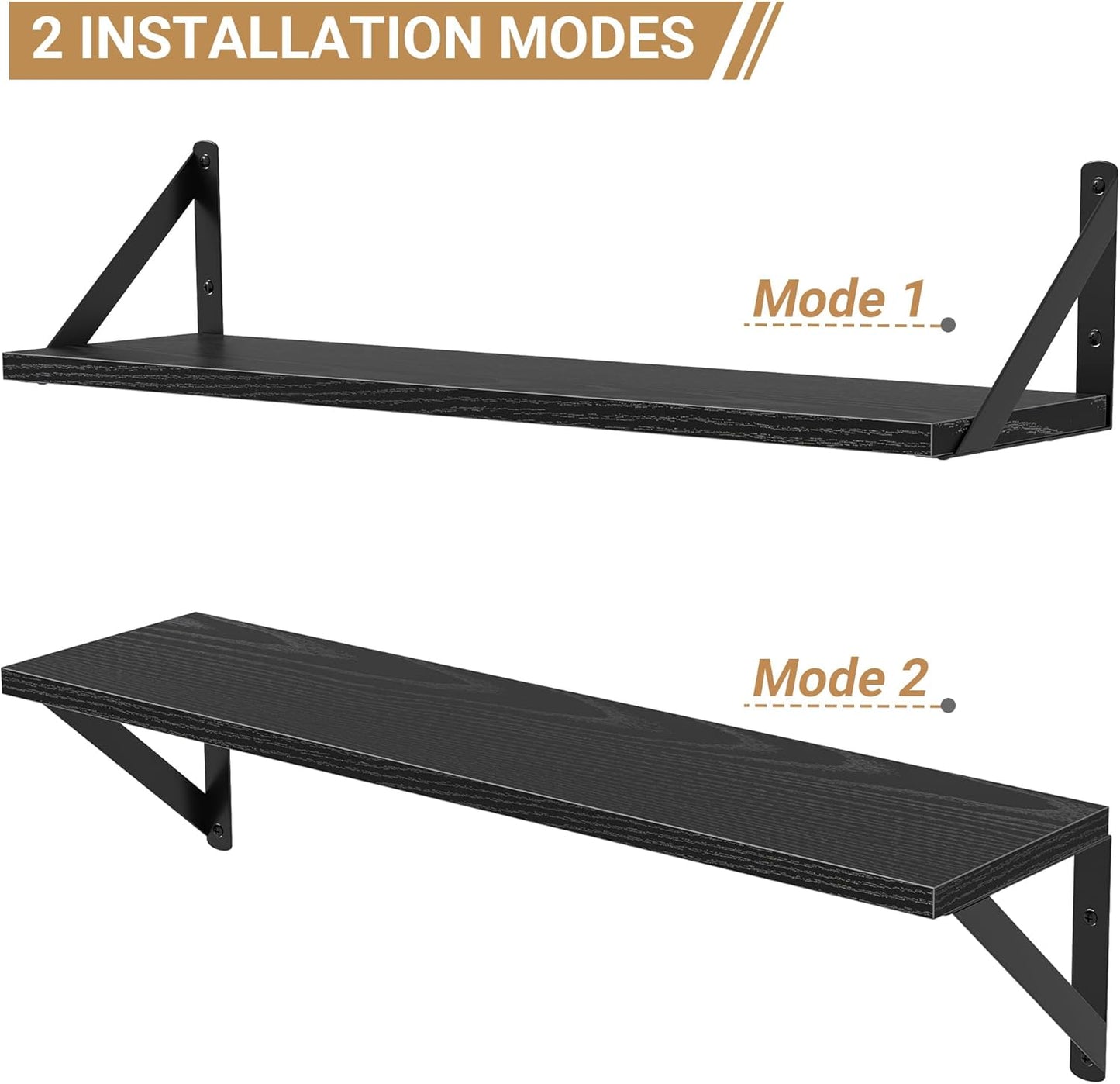 Heimlove Floating Shelves for Wall, 24 Inch Long Wood Floating Shelves Set of 3, Wall Mounted Hanging Shelf for Bathroom Bedroom Kitchen, Black