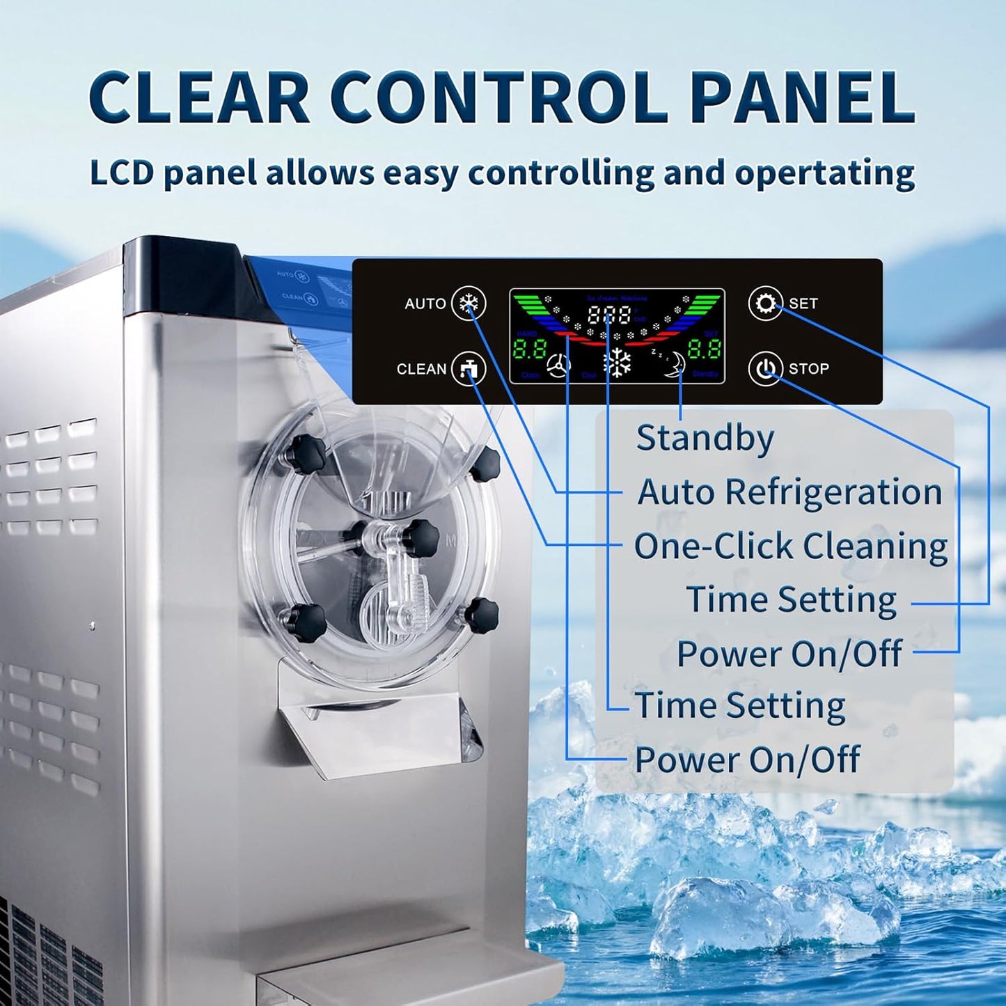 Ice Cream Maker Commercial Machine 18-24L/H, 6.3Gph Capacity Suitable for Restaurant/Bar/Home, 2000W High Hard Ice Cream Machine with LED Display, (116V 60Hz)