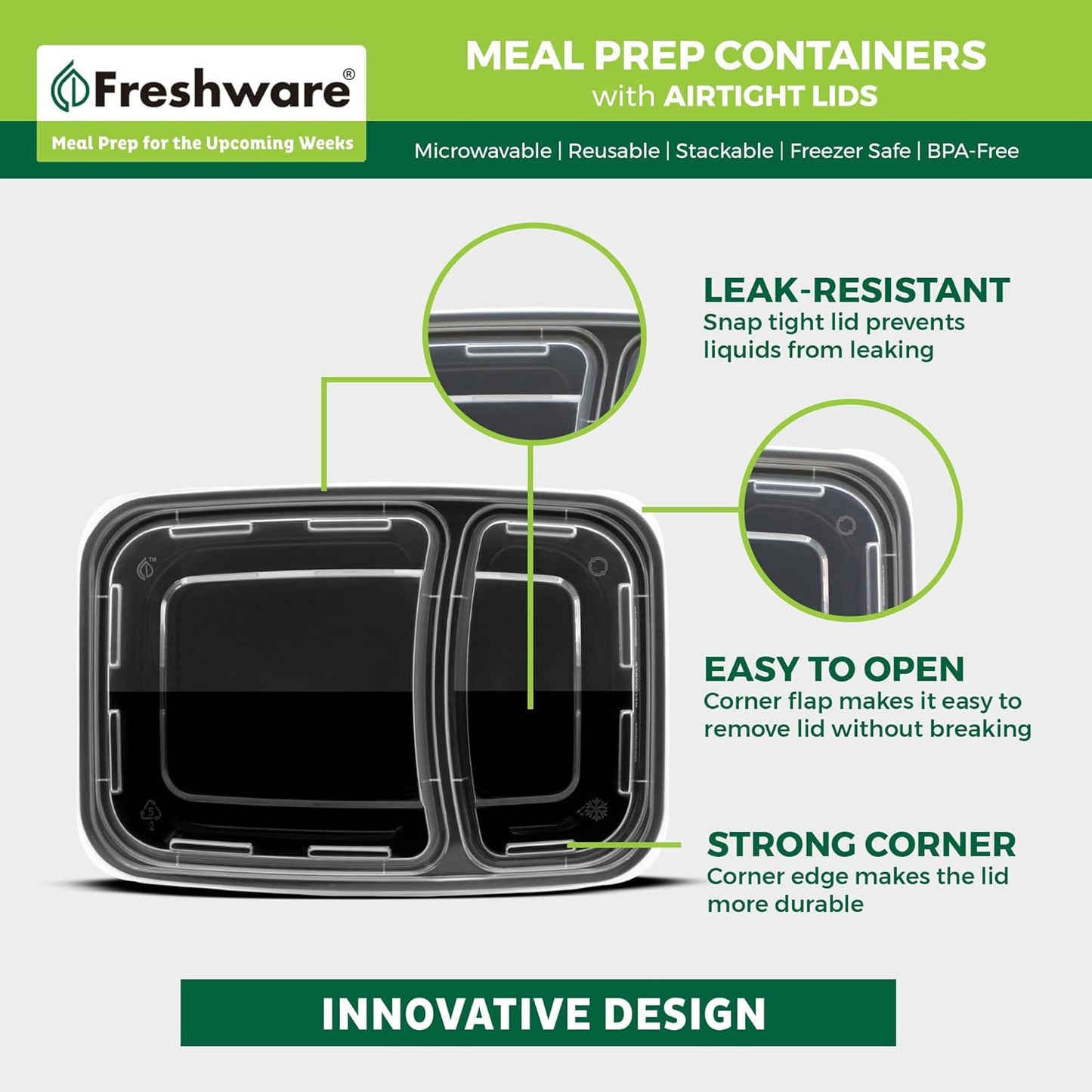 Freshware Meal Prep Containers [15 Pack] 2 Compartment with Lids, Food Storage Containers, Bento Box, BPA Free, Stackable, Microwave/Dishwasher/Freezer Safe (28 oz), Black