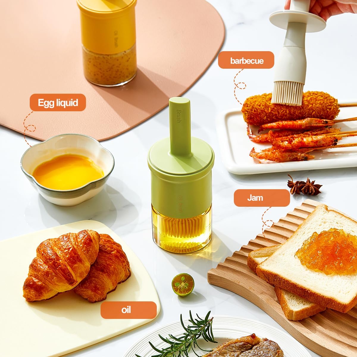 Glass Oil Dispenser with Heat Resistant Brush,Oil Dispenser Bottle with Silicone Pastry Brush for Kitchen,Cooking Vinegar and Sauce BBQ Grill Frying (Oil Dispenser-Green&Yellow)