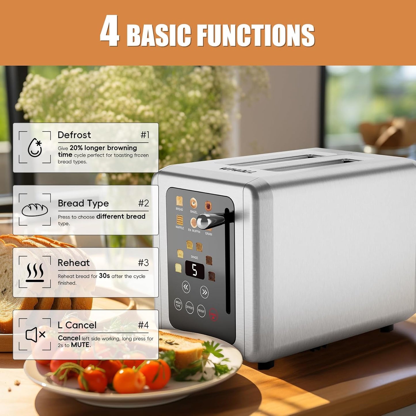 WHALL® Touch Screen Toaster 2 Slice, Stainless Steel Digital Timer Toaster, 6 Bread Types & 6 Shade Settings, Smart Extra Wide Slots Toasters With Bagel, Cancel, Defrost Functions