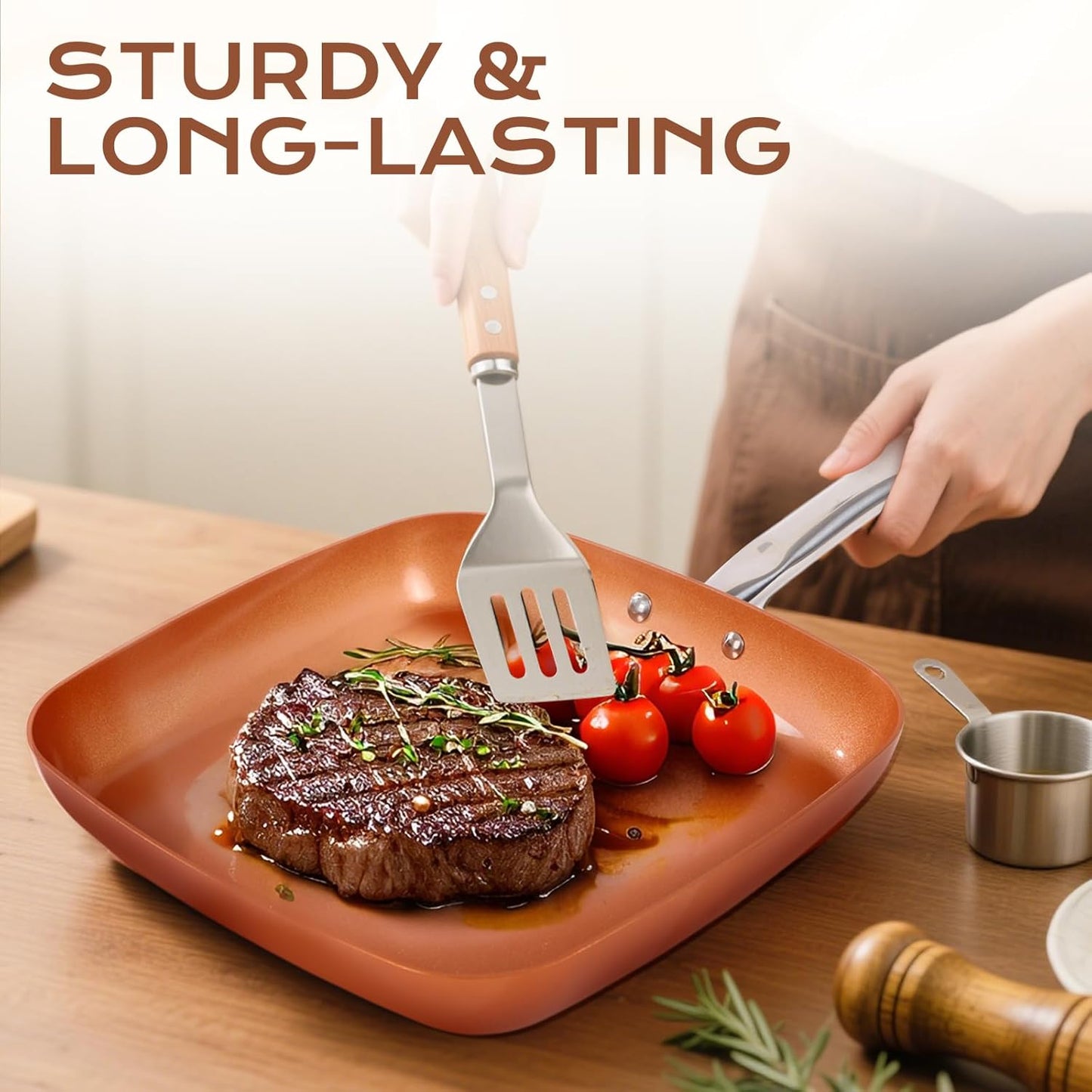 Non-Stick Copper Square Frying Pan, 12" Chef Skillet with Ceramic Coating, Oven Dishwasher Safe, PFOA-Free, Home Use for All Stoves