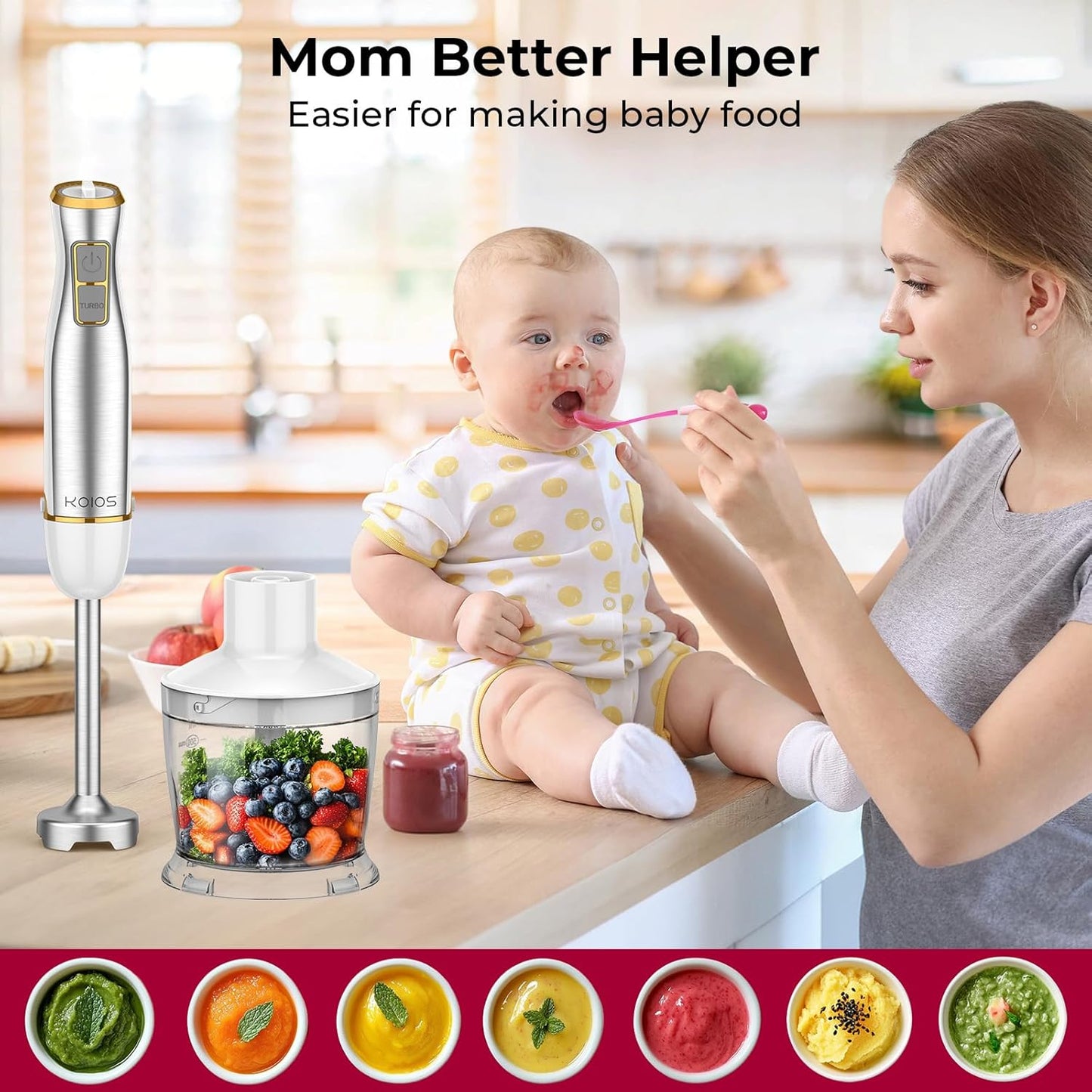 KOIOS Immersion Blender, 1100W 5-in-1 Multi-Purpose Hand Blender, 12-Speed, 600ml Beaker, 500ml Chopper, Egg Whisk, Milk Frother, White