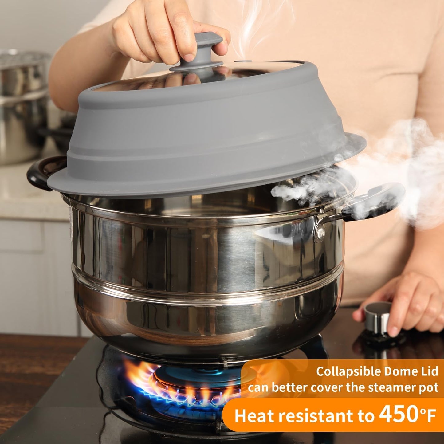 Collapsible Microwave Splatter Lid with Vented Tempered Glass Cover Wok Lid for Microwave Safe, Stockpot Steamer Pot Pan 10.5-11 inch Universal Multifunction Silicone Cover