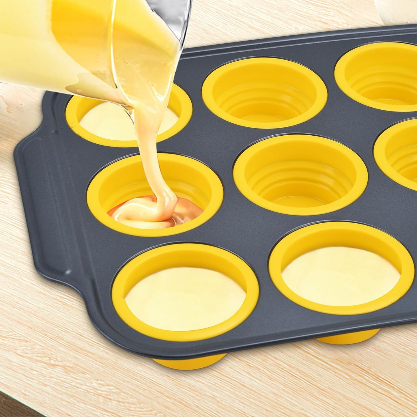Silicone Muffin Pan, 12 Cups Cupcake Pans with Metal Frame Nonstick Muffin Tins Easy to Pop Out for Baking Cupcake Egg Bites BPA-free Cupcake Pan Mold (12 Cups Yellow)
