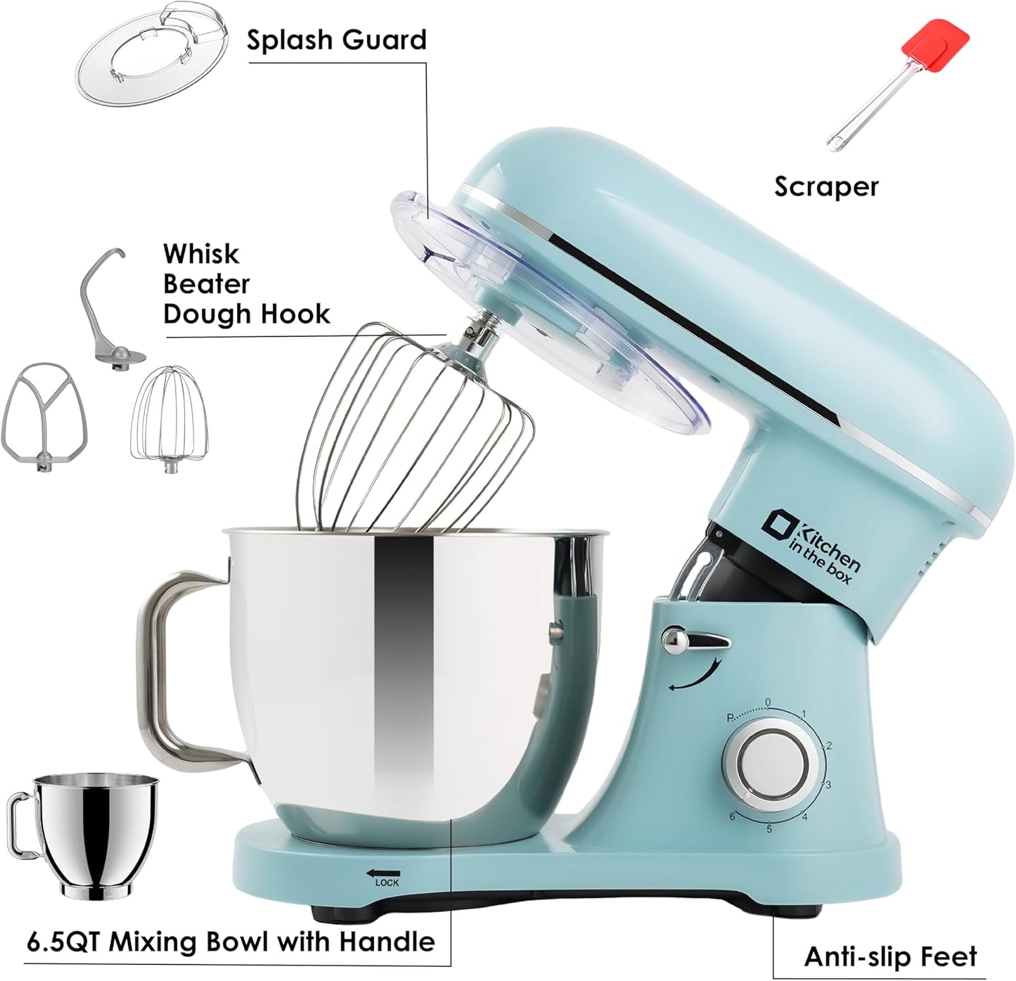 Kitchen in the box Stand Mixer - 900W Kitchen Mixer with Bowl 6.5 QT,Bread Dough Standing Mixers Tilt-head with Dough Hook, Whisk, Flat Beater and Splash Guard (Blue)