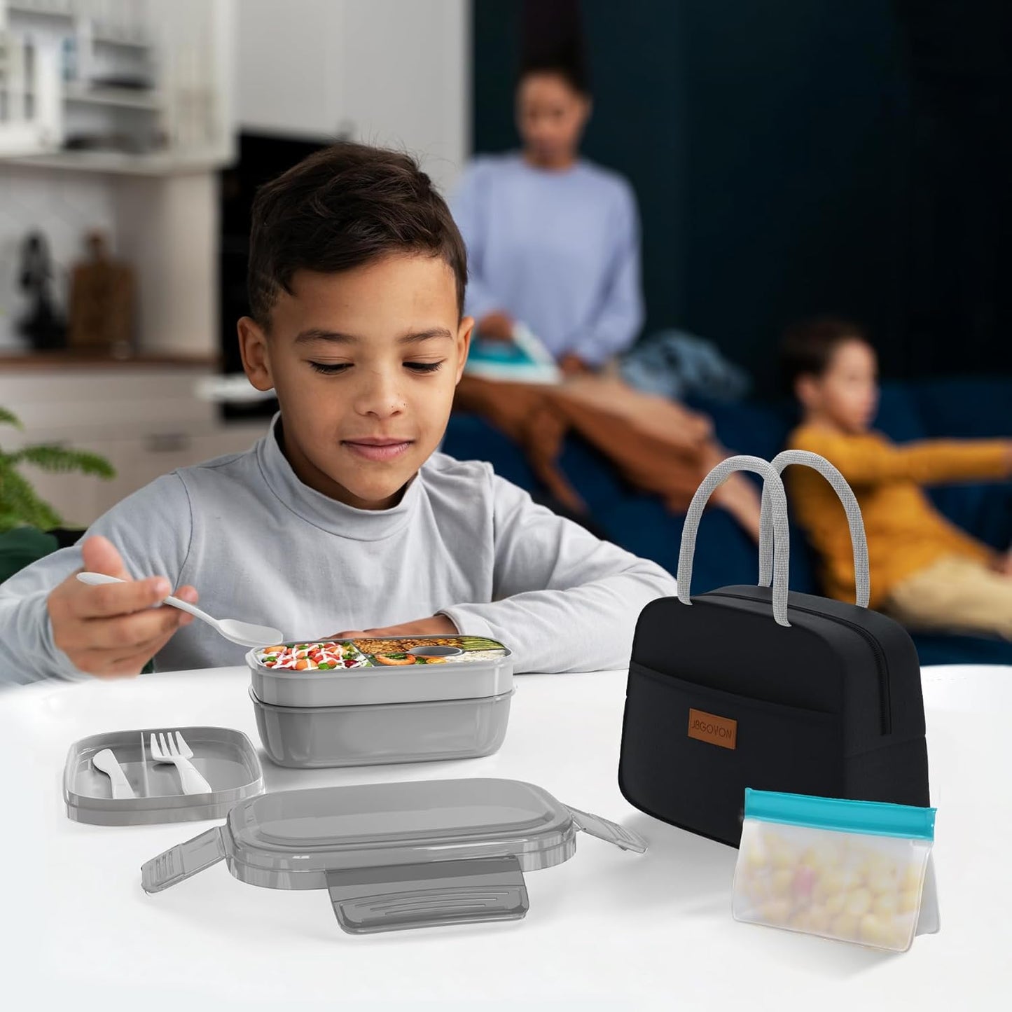 JBGOYON® Bento Lunch Box Set - 3 Stackable Containers for Adults and Kids- Includes Lunch Bag, Leak-Proof and BPA-Free - Built-in Utensil Set and Snack Bag - Dishwasher Safe(Grey Black)