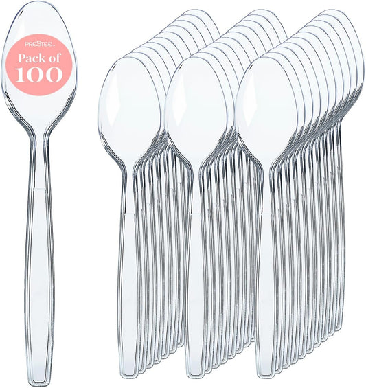 Prestee 100 Clear Plastic Spoons Bulk - Durable Disposable Plastic Silverware Spoons - Heat-Resistant Spoon Cutlery - Heavy Duty Flatware Pack - Disposable Silverware Utensil Set for Hot and Cold Food