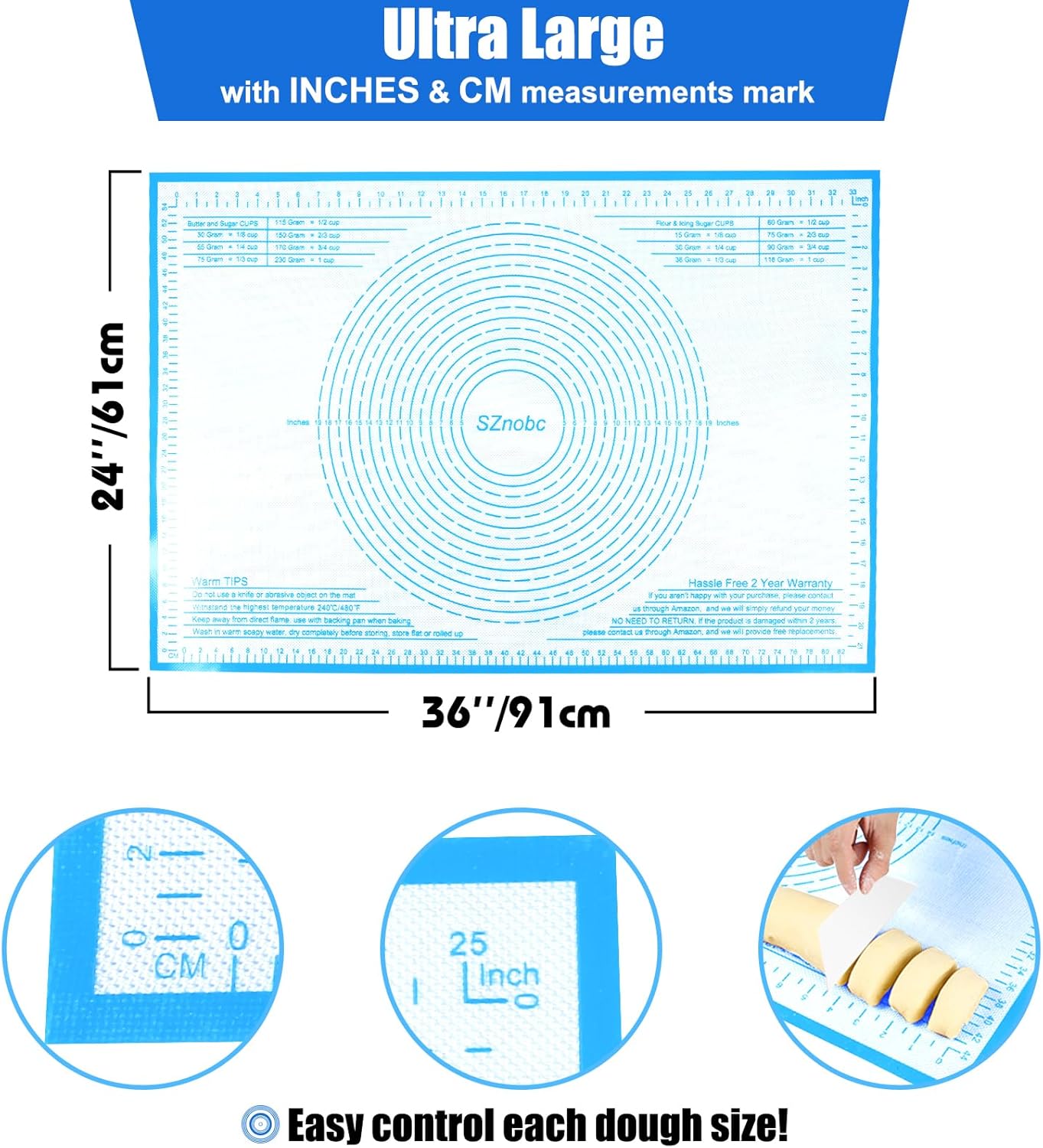 Silicone Pastry Mat 36'' By 24'' Extra Large Baking Mat with Measurements for Dough Rolling, Kneading Board, Kitchen Counter Mats for Dough, Pastry, Fondant, Pie Crust, Cookies, Bread, Pasta, Pizza