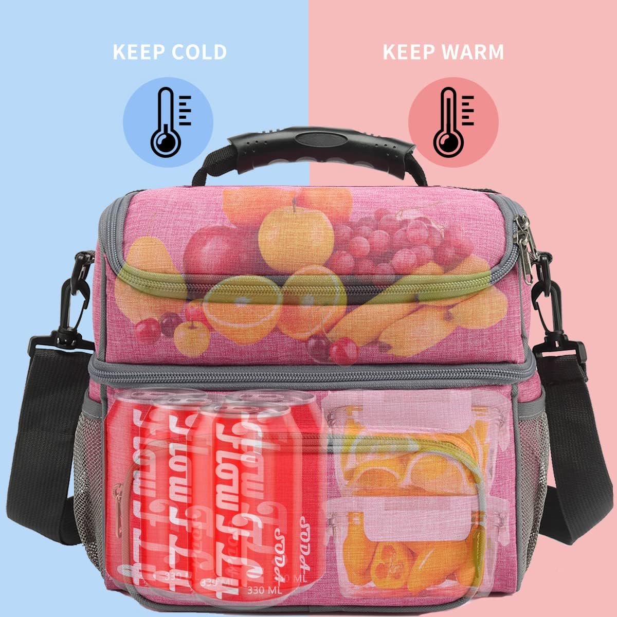 FlowFly Double Layer Cooler Insulated Lunch Bag Adult Lunch Box Large Tote Bag for Men, Women, With Adjustable Strap,Front Pocket and Dual Large Mesh Side Pockets