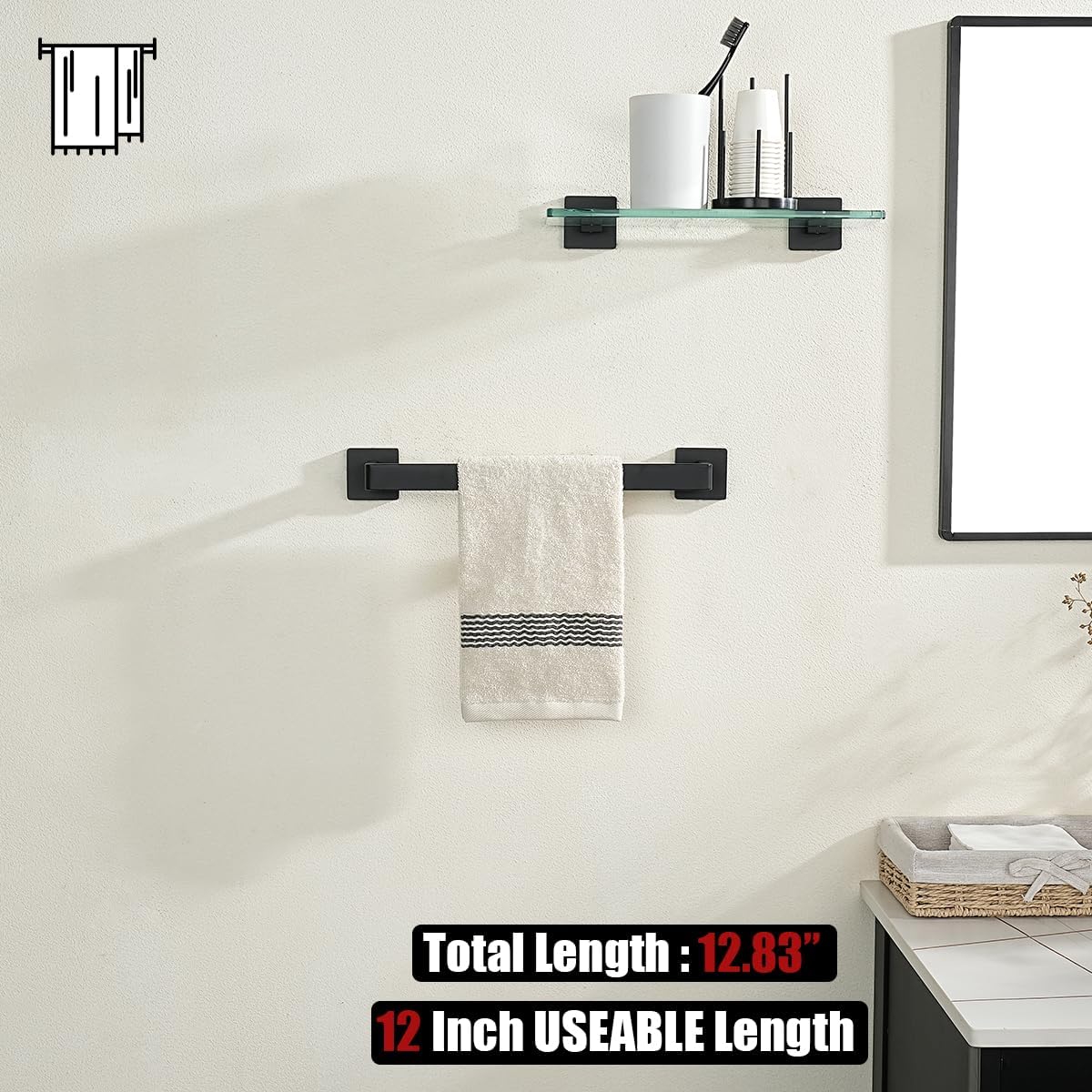 JQK Black Towel Bar, Rounded Edges 14.41 Inch Towel Rack, 304 Stainless Steel Bathroom Wall Mount, Useable Length 12 Inch, TB250L12-PB