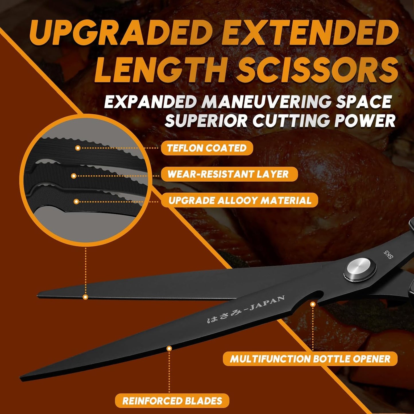 HUUSK Kitchen Shears Set Upgraded - Stainless Steel Kitchen Scissors, Sharp Meat Scissors, Heavy Duty Poultry Shear, Japanese Cooking Scissor for Food, Chicken Bones, and Turkey - Dishwasher Safe