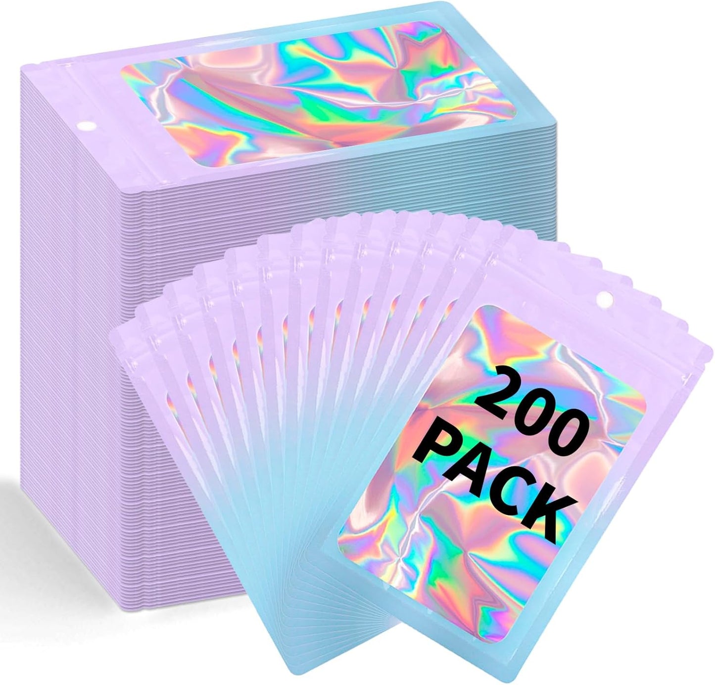200 Pack Resealable Mylar Holographic Bags Food Storage Smell Proof Bags with Front Window Foil Packaging Pouch for Candy Sample Jewelry Small Business 4.72×7.87 Inch, Pink Fade Blue