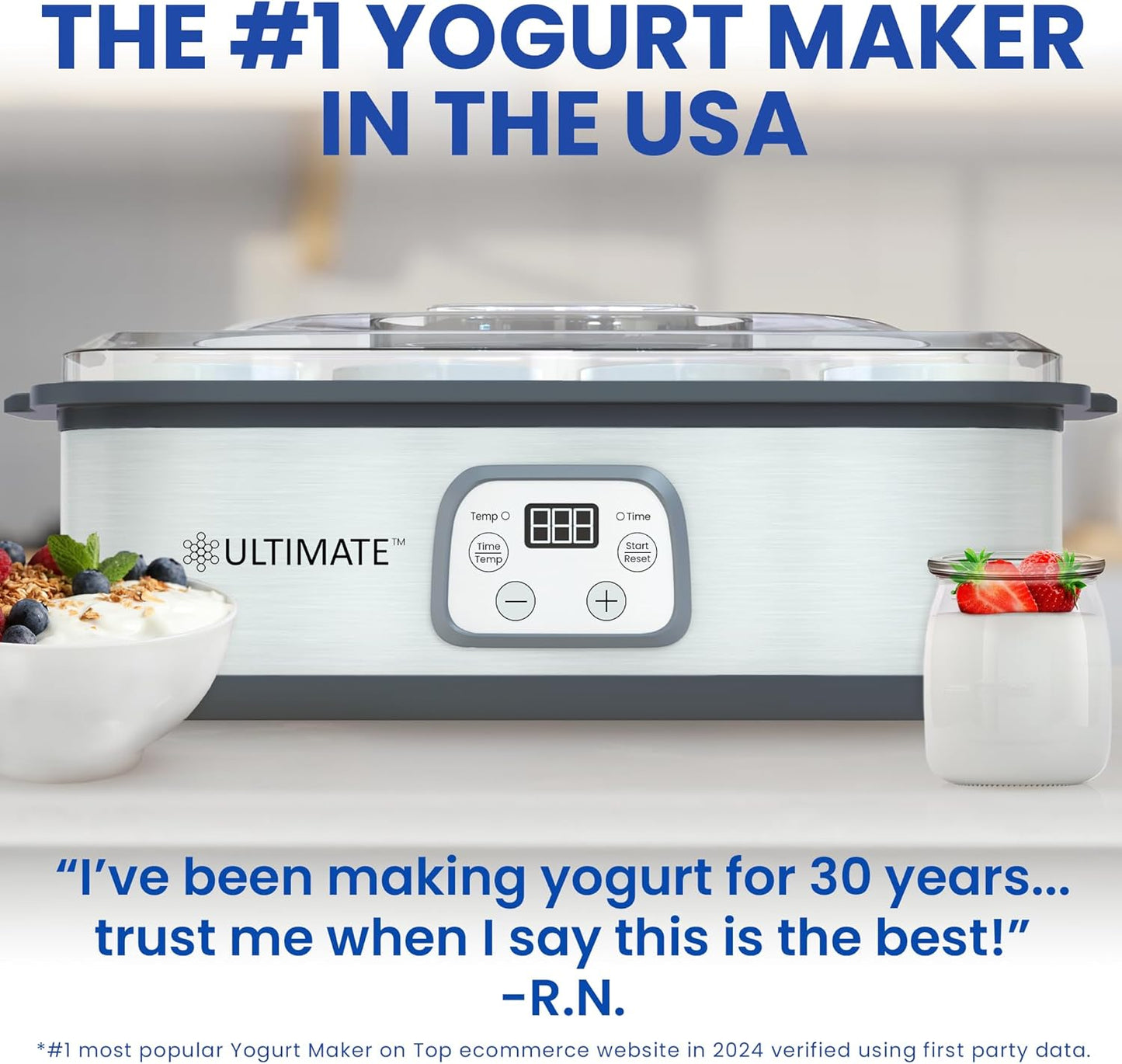Ultimate Probiotic Yogurt Maker with Adjustable Time & Temp Control - Make Trillions of Live Probiotics with Two 1-Quart Containers for Larger Batches - Greek Yogurt Maker - ULTIMATE LIFETIME WARRANTY